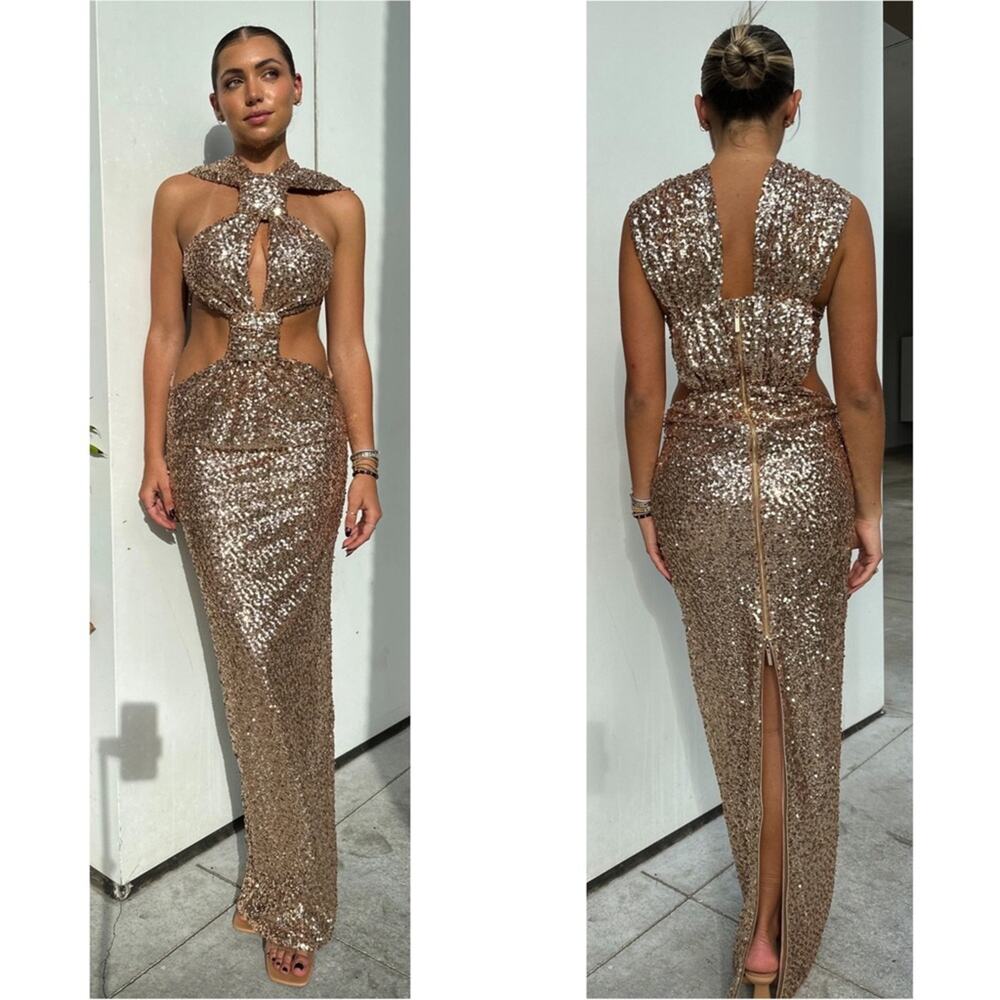 NWT Bronx and Banco SOL Elegant Gold Sequin Evening Gown